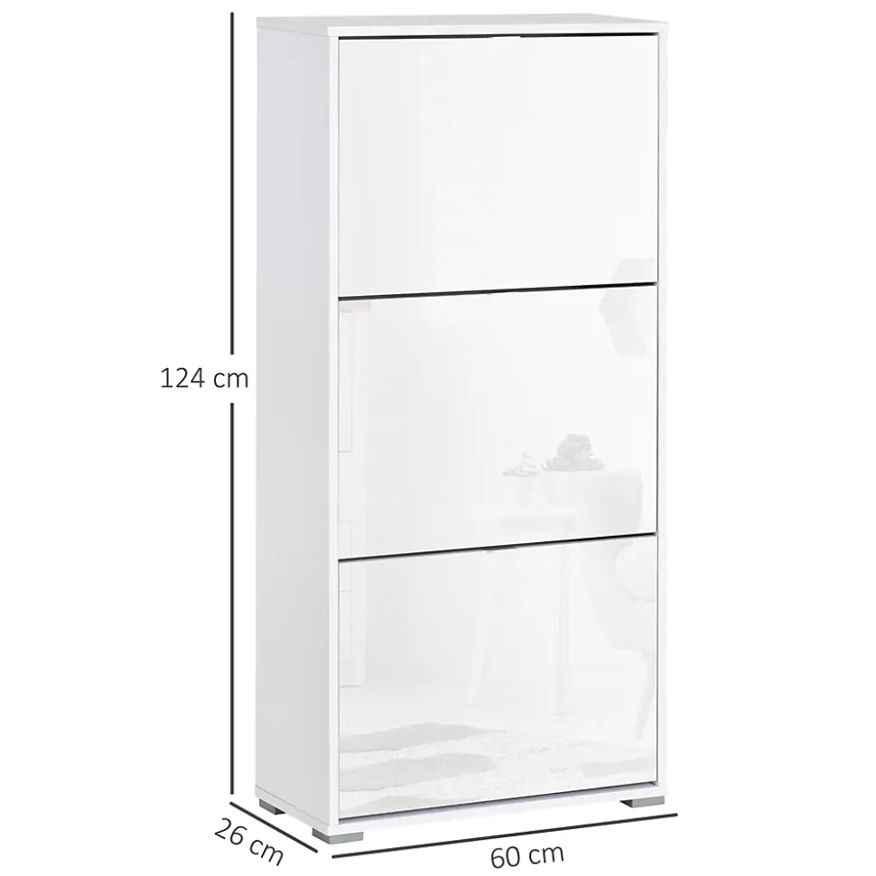 Meuble à chaussures 3 portes abattantes 3 compartiments MDF blanc laqué