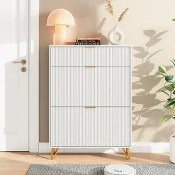 Meuble à chaussures 2 portes, design ondulé blanc, pieds hauts, espace extensible, surface imperméable et facile à nettoyer