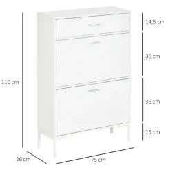 Meuble à chaussures 2 portes étagères réglables tiroir style moderne dim. 75 x 26 x 110 cm blanc