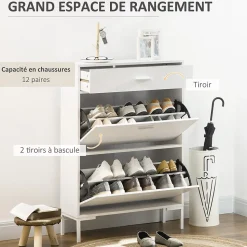Meuble à chaussures 2 portes étagères réglables tiroir style moderne dim. 75 x 26 x 110 cm blanc