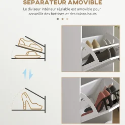 Meuble à chaussures 3 portes abattants 3 étagères poignées métal noir MDF blanc