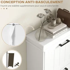 Meuble à chaussures 3 portes abattants 3 étagères poignées métal noir MDF blanc