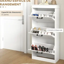 Meuble à chaussures 3 portes abattants 3 étagères poignées métal noir MDF blanc