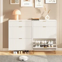 Meuble à chaussures 2 portes, design ondulé blanc, pieds hauts, espace extensible, surface imperméable et facile à nettoyer