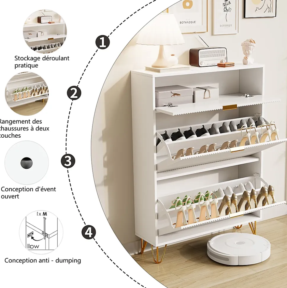 Meuble à chaussures 2 portes, design ondulé blanc, pieds hauts, espace extensible, surface imperméable et facile à nettoyer