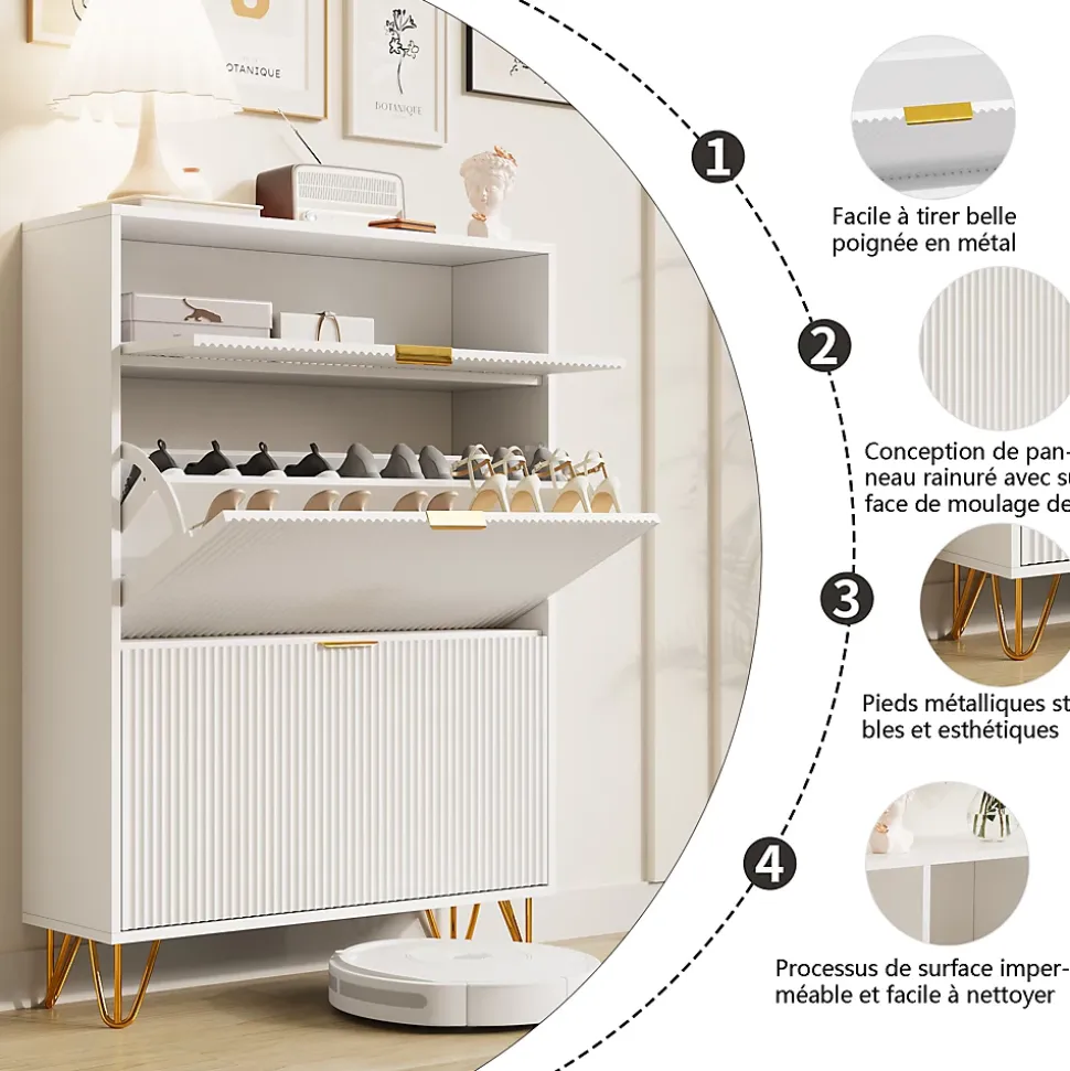 Meuble à chaussures 2 portes, design ondulé blanc, pieds hauts, espace extensible, surface imperméable et facile à nettoyer