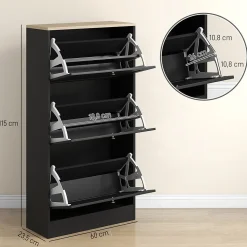 Meuble à chaussures 3 portes battantes style classique chic noir effet bois clair