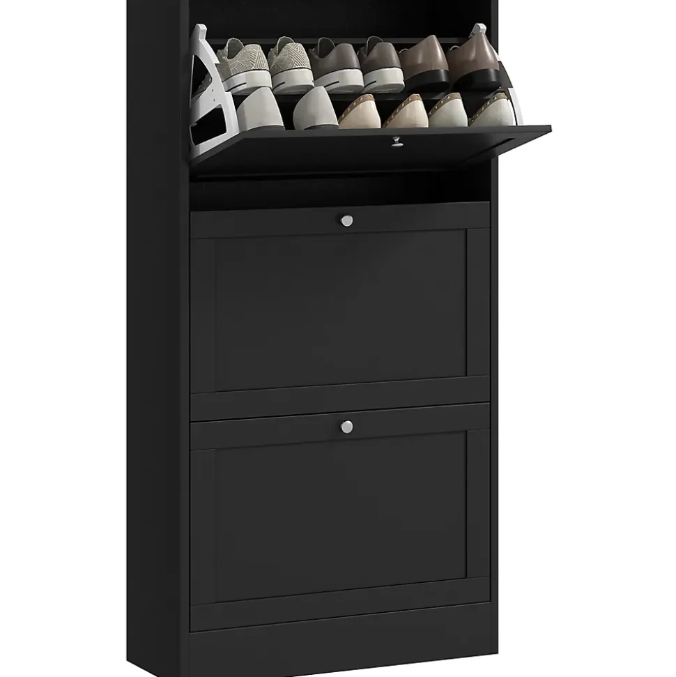 Meuble à chaussures 3 portes battantes style classique chic noir effet bois clair