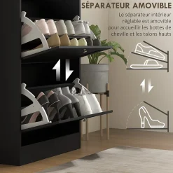 Meuble à chaussures 3 portes battantes style classique chic noir effet bois clair