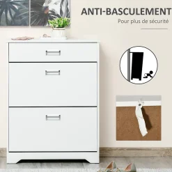 Meuble à chaussures 2 tiroirs rabattables 2 étagères tiroir blanc