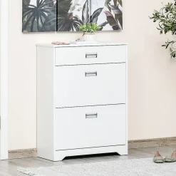 Meuble à chaussures 2 tiroirs rabattables 2 étagères tiroir blanc