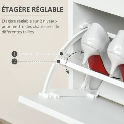 Meuble à chaussures 2 tiroirs rabattables 2 étagères tiroir blanc