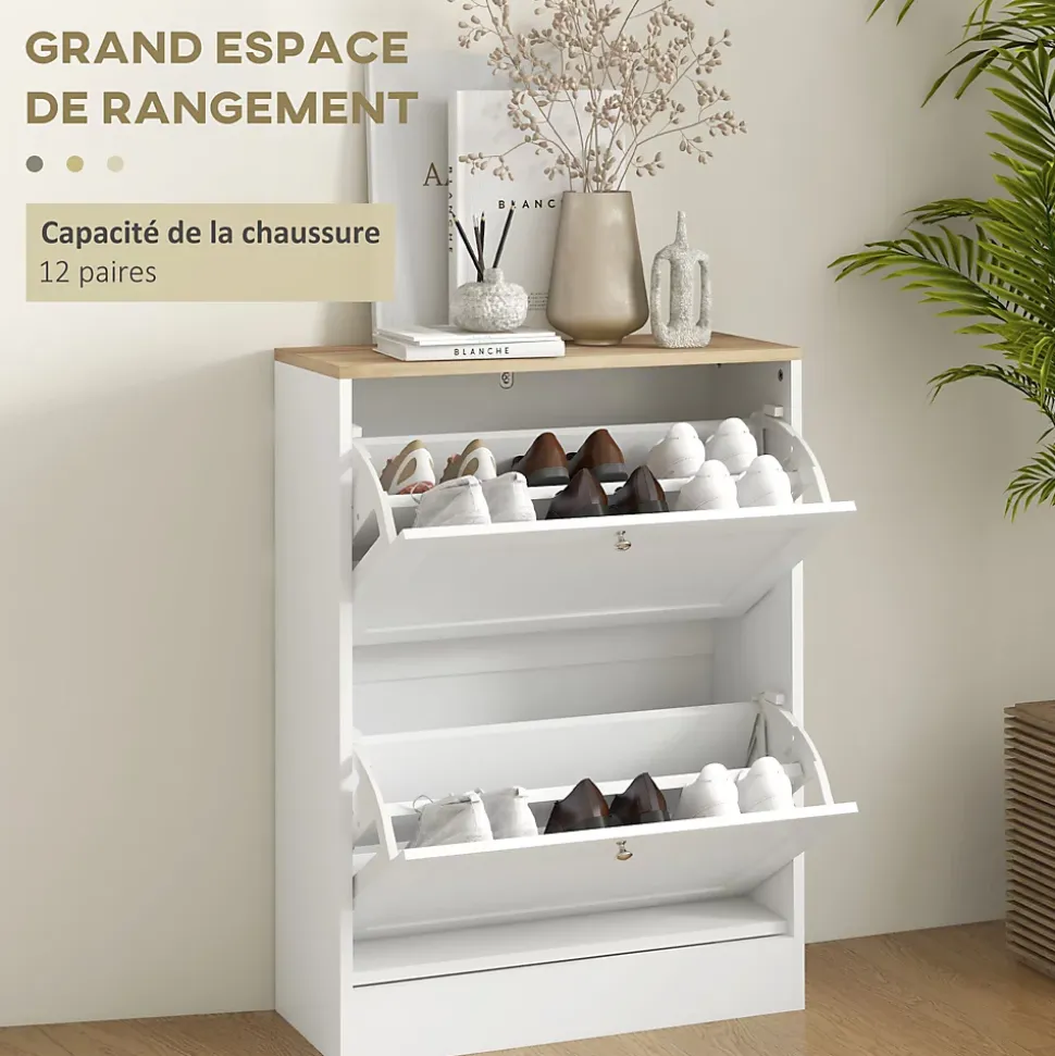 Meuble à chaussures 2 tiroirs rabattables blanc effet bois chêne clair