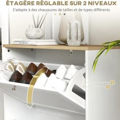 Meuble à chaussures 2 tiroirs rabattables blanc effet bois chêne clair