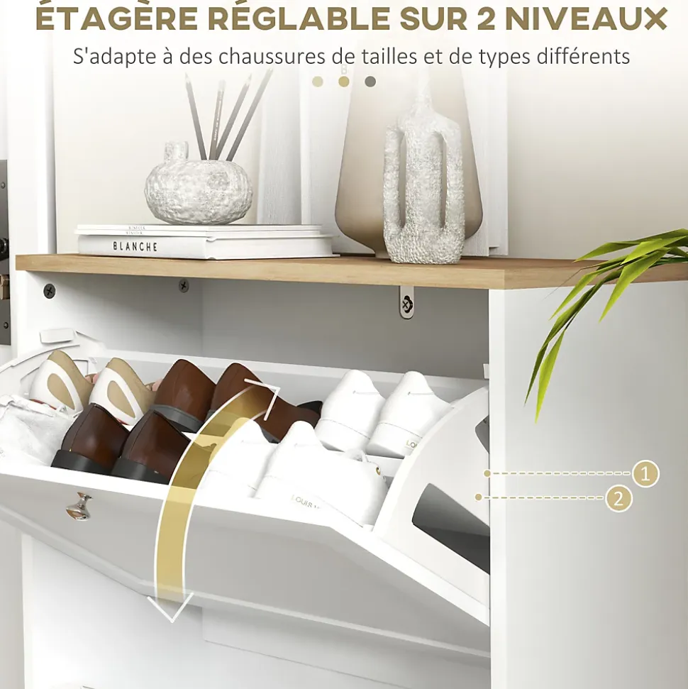 Meuble à chaussures 2 tiroirs rabattables blanc effet bois chêne clair