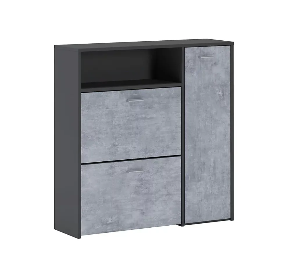 Meuble à chaussures Aldaya, Etagere à chaussures peu encombrante, Meuble avec 3 portes pliantes, 92x27h94 cm, Anthracite, Ciment