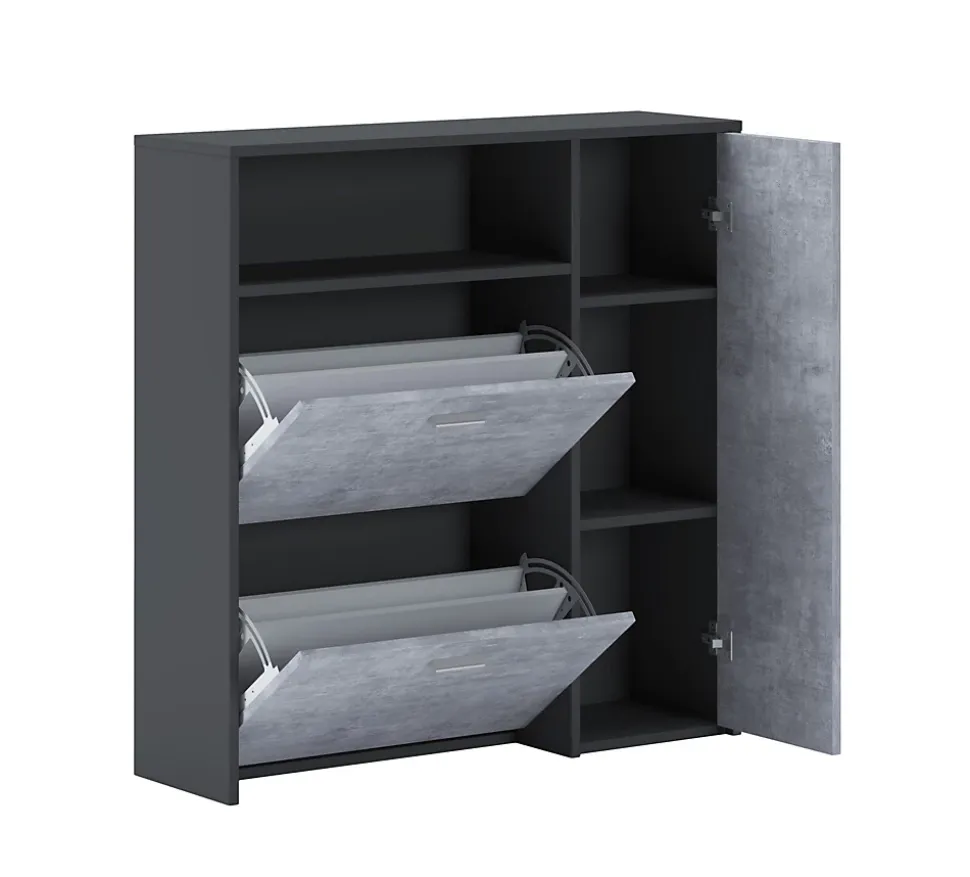 Meuble à chaussures Aldaya, Etagere à chaussures peu encombrante, Meuble avec 3 portes pliantes, 92x27h94 cm, Anthracite, Ciment