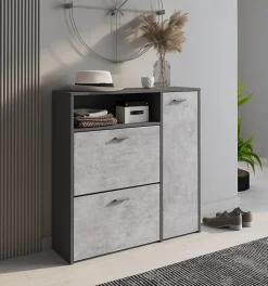 Meuble à chaussures Aldaya, Etagere à chaussures peu encombrante, Meuble avec 3 portes pliantes, 92x27h94 cm, Anthracite, Ciment