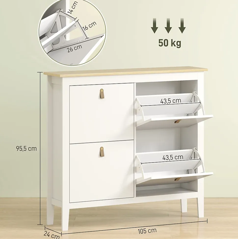 Meuble à chaussures armoire à chaussures 4 portes 4 étagères amovibles réglables dim. 105 x 24 x 95,5 cm blanc effet bois clair