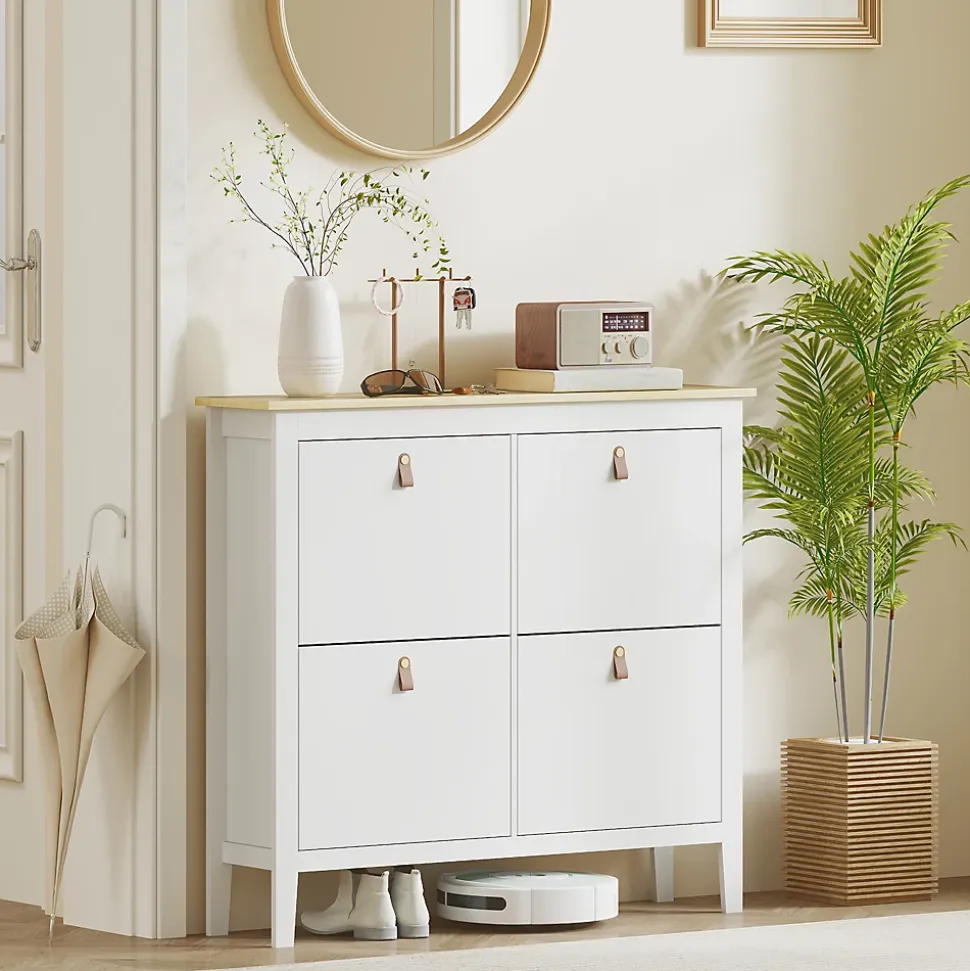 Meuble à chaussures armoire à chaussures 4 portes 4 étagères amovibles réglables dim. 105 x 24 x 95,5 cm blanc effet bois clair