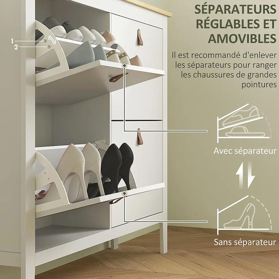 Meuble à chaussures armoire à chaussures 4 portes 4 étagères amovibles réglables dim. 105 x 24 x 95,5 cm blanc effet bois clair