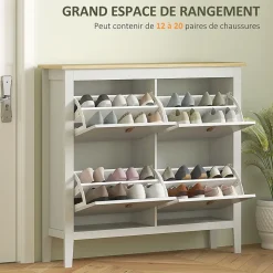 Meuble à chaussures armoire à chaussures 4 portes 4 étagères amovibles réglables dim. 105 x 24 x 95,5 cm blanc effet bois clair