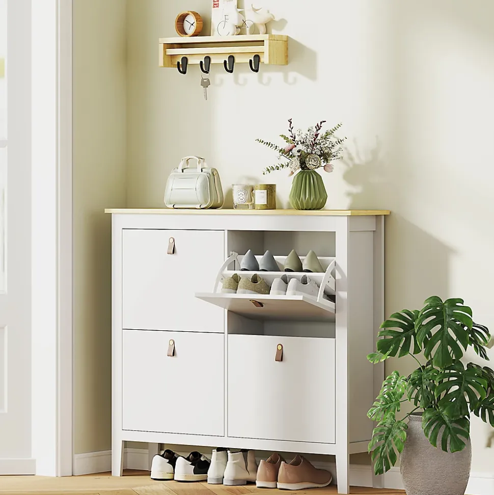 Meuble à chaussures armoire à chaussures 4 portes 4 étagères amovibles réglables dim. 105 x 24 x 95,5 cm blanc effet bois clair