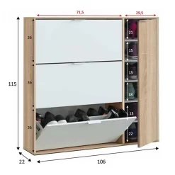 Meuble à Chaussures avec 3 abattants et 1 porte chêne canadien / blanc artic -Hauteur 115 x Longueur 106 x Profondeur 22 cm
