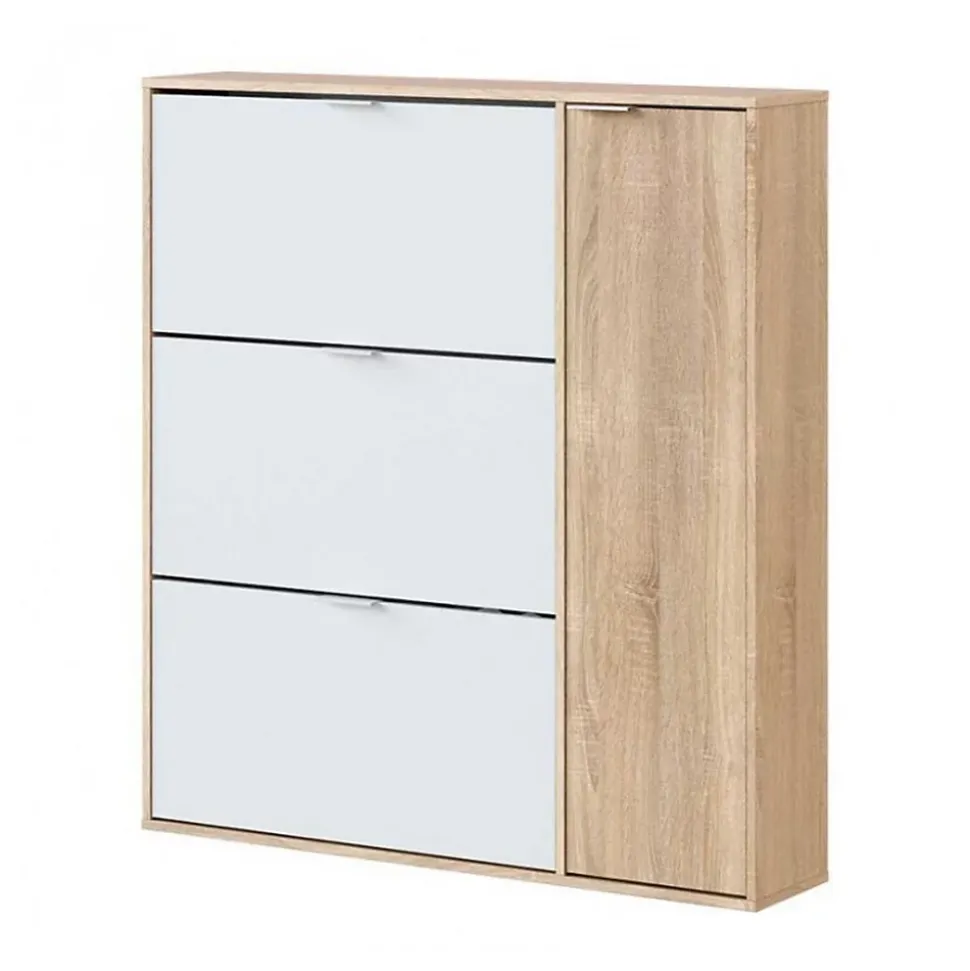 Meuble à Chaussures avec 3 abattants et 1 porte chêne canadien / blanc artic -Hauteur 115 x Longueur 106 x Profondeur 22 cm
