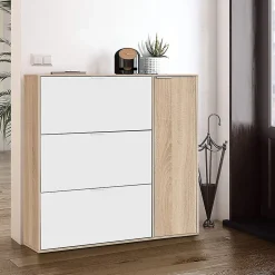Meuble à Chaussures avec 3 abattants et 1 porte chêne canadien / blanc artic -Hauteur 115 x Longueur 106 x Profondeur 22 cm