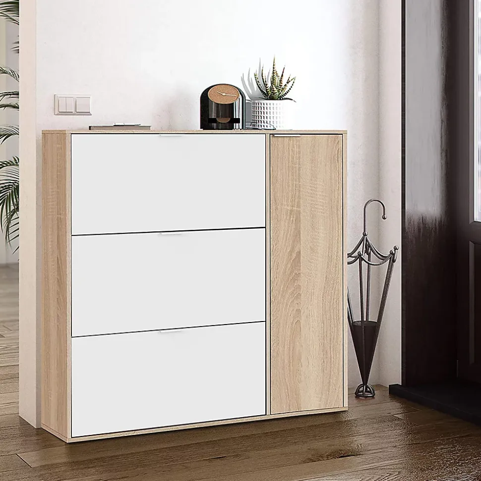 Meuble à Chaussures avec 3 abattants et 1 porte chêne canadien / blanc artic -Hauteur 115 x Longueur 106 x Profondeur 22 cm