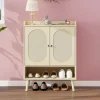 Meuble à Chaussures avec 2 Portes Rotin et Étagères Ouvertes, Meuble Rangement pour Couloir ou Entrée, Naturel, 68x35x90 cm