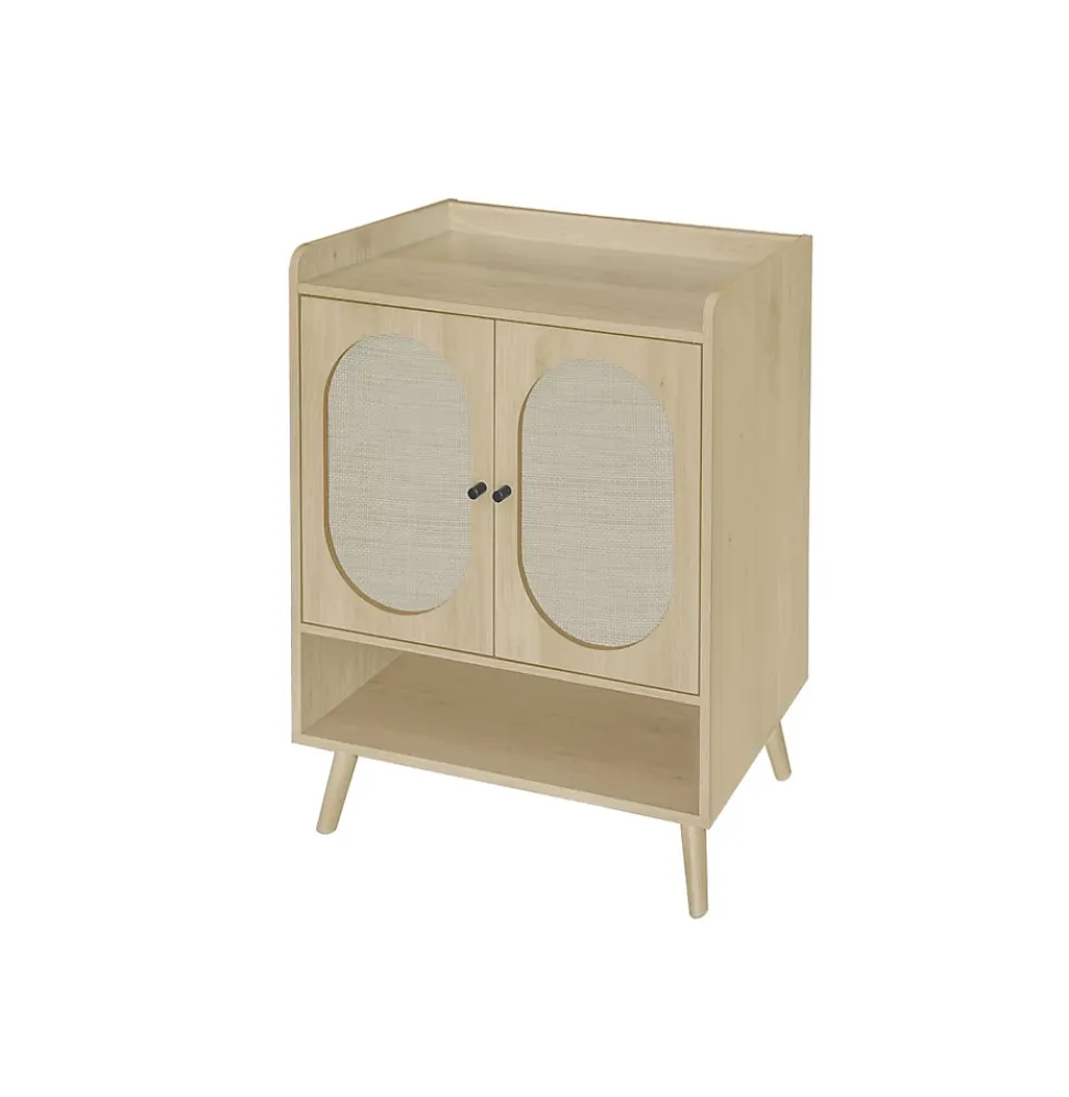 Meuble à Chaussures avec 2 Portes Rotin et Étagères Ouvertes, Meuble Rangement pour Couloir ou Entrée, Naturel, 68x35x90 cm
