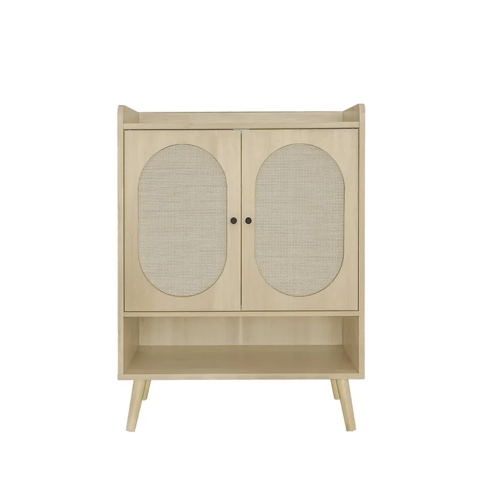 Meuble à Chaussures avec 2 Portes Rotin et Étagères Ouvertes, Meuble Rangement pour Couloir ou Entrée, Naturel, 68x35x90 cm