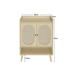 Meuble à Chaussures avec 2 Portes Rotin et Étagères Ouvertes, Meuble Rangement pour Couloir ou Entrée, Naturel, 68x35x90 cm