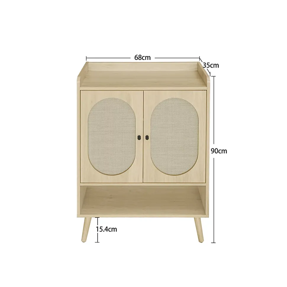 Meuble à Chaussures avec 2 Portes Rotin et Étagères Ouvertes, Meuble Rangement pour Couloir ou Entrée, Naturel, 68x35x90 cm