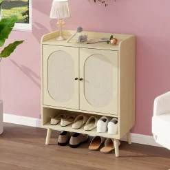 Meuble à Chaussures avec 2 Portes Rotin et Étagères Ouvertes, Meuble Rangement pour Couloir ou Entrée, Naturel, 68x35x90 cm