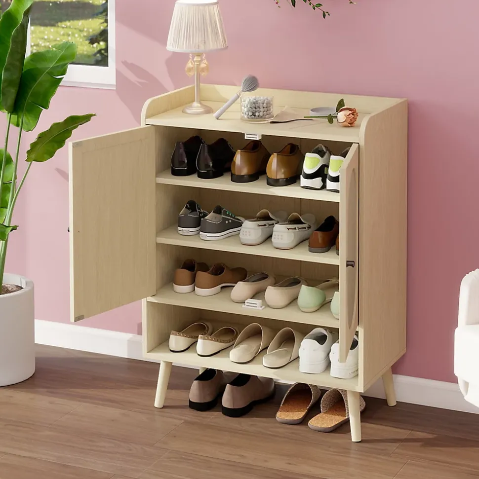 Meuble à Chaussures avec 2 Portes Rotin et Étagères Ouvertes, Meuble Rangement pour Couloir ou Entrée, Naturel, 68x35x90 cm