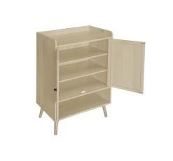 Meuble à Chaussures avec 2 Portes Rotin et Étagères Ouvertes, Meuble Rangement pour Couloir ou Entrée, Naturel, 68x35x90 cm