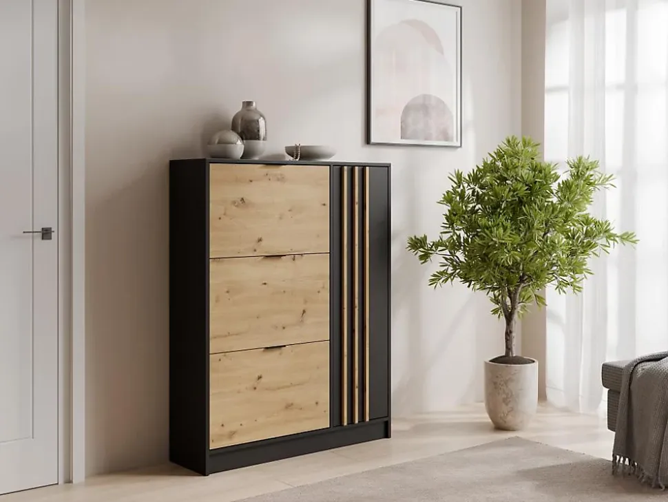 Meuble à chaussures avec 1 porte et 3 compartiments abattants - Naturel et Noir - JANAKIA