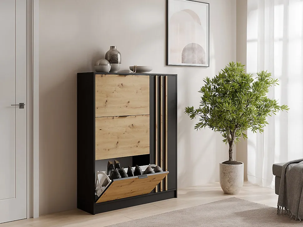 Meuble à chaussures avec 1 porte et 3 compartiments abattants - Naturel et Noir - JANAKIA