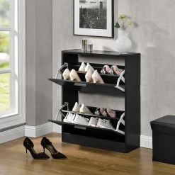 Meuble à Chaussures avec 2 Compartiments Panneau de Particules 63 x 24 x 81 cm Noir en.casa