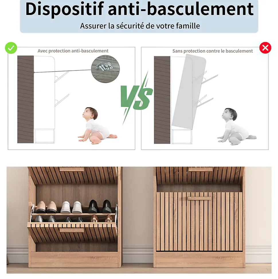 Meuble à chaussures avec 3 portes abattantes, grande capacité, idéal pour salon et entrée