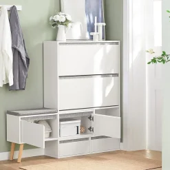 Meuble à Chaussures avec 2 Abattants, 2 Portes, 2 Tiroirs et Coussin, FSR134-W, SoBuy