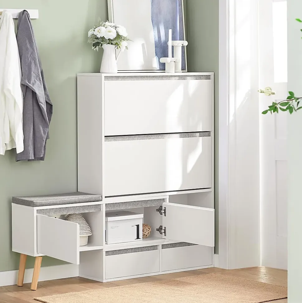 Meuble à Chaussures avec 2 Abattants, 2 Portes, 2 Tiroirs et Coussin, FSR134-W, SoBuy