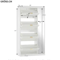 Meuble à Chaussures avec Miroir et Compartiments Abattants, Design Moderne avec Étagères Réglables pour Entrée, Blanc 80x24x147 cm