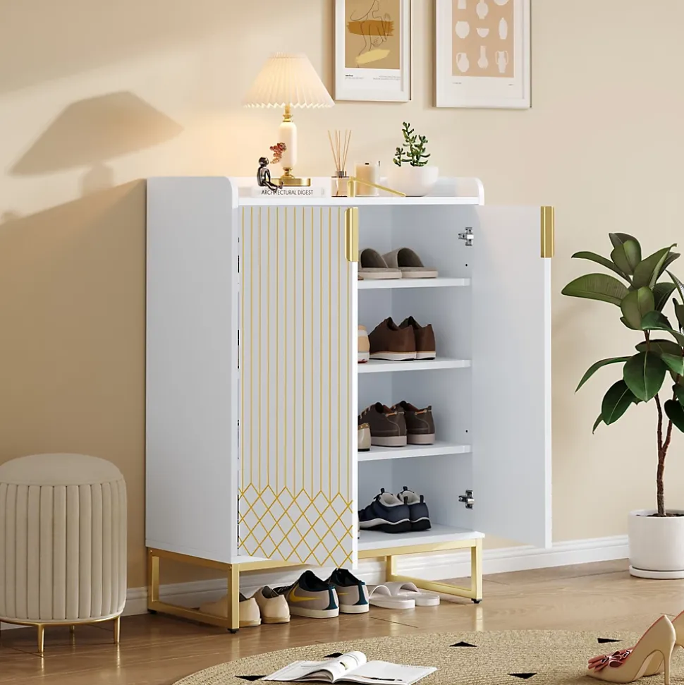Meuble à Chaussures Blanc, Armoire à Chaussures Design avec Portes Dorées et 4 Étagères, Pieds en Métal - 75x37x105 cm