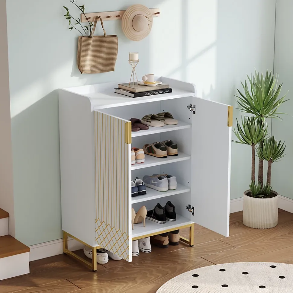 Meuble à Chaussures Blanc, Armoire à Chaussures Design avec Portes Dorées et 4 Étagères, Pieds en Métal - 75x37x105 cm