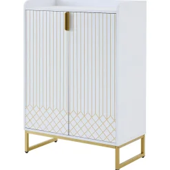 Meuble à Chaussures Blanc, Armoire à Chaussures Design avec Portes Dorées et 4 Étagères, Pieds en Métal - 75x37x105 cm