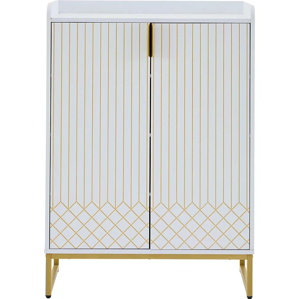 Meuble à Chaussures Blanc, Armoire à Chaussures Design avec Portes Dorées et 4 Étagères, Pieds en Métal - 75x37x105 cm